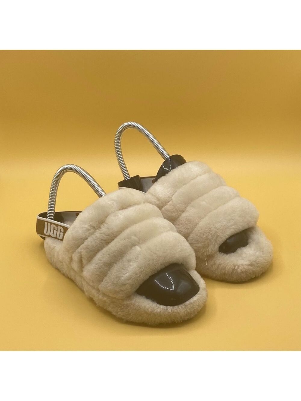 UGG Cream Slippers with Fluffy Upper and Slingback Strap